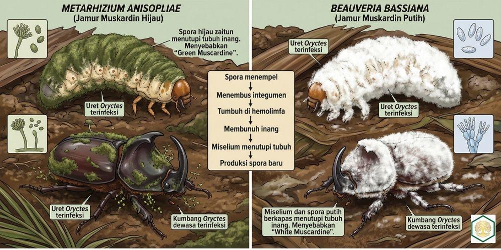 mekanisme serangan jamur entomopatogen kepada oryctes